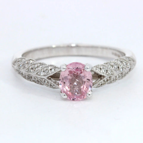 Pink Oval Sapphire Diamond Leaf Shoulders Ring