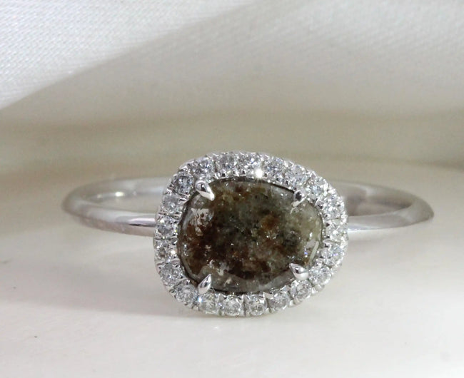 Rose Cut Salt and Pepper Diamond Halo Ring